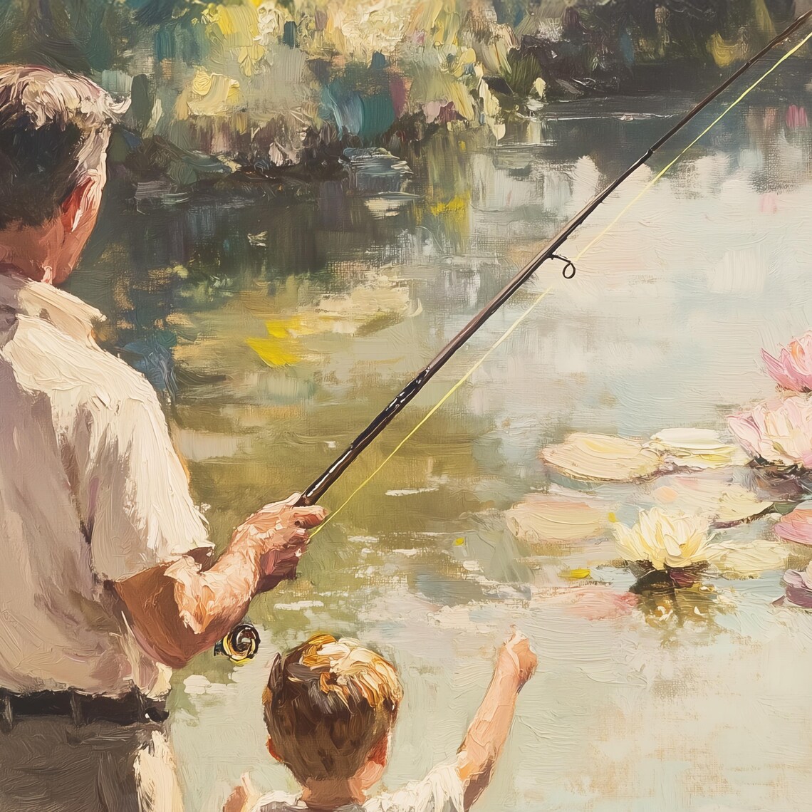 Father and Son Fishing Together on the Sunny Lily Pond Poster - Image 2