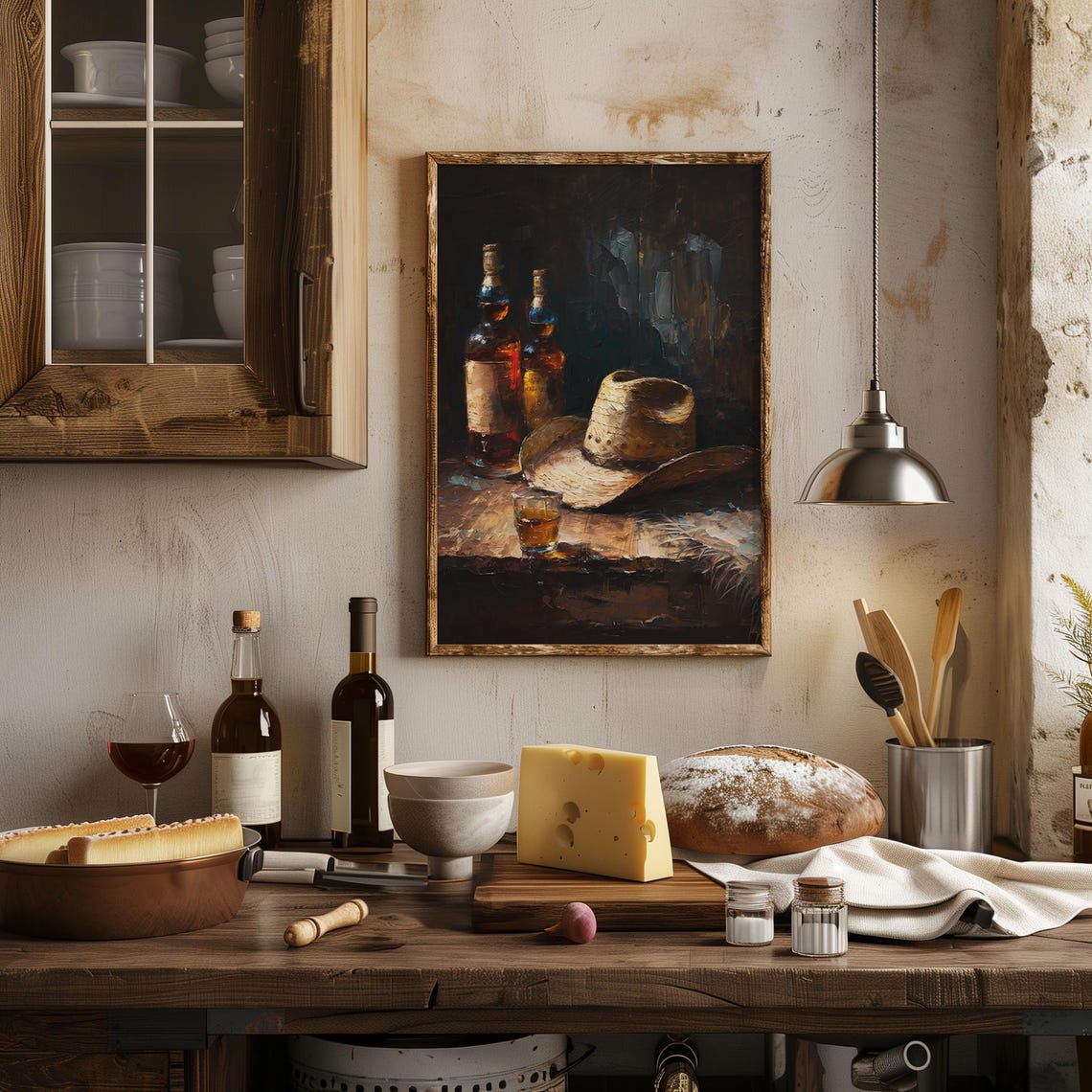 Cowboy Hat And Whiskey Bottles On Table Dark Western Still Poster - Image 2