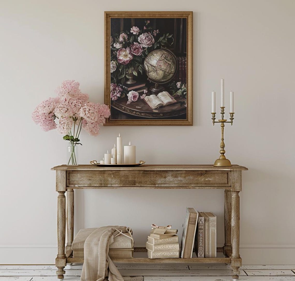Vintage Globe With Pink Roses and Books Dark Academia Poster - Image 3