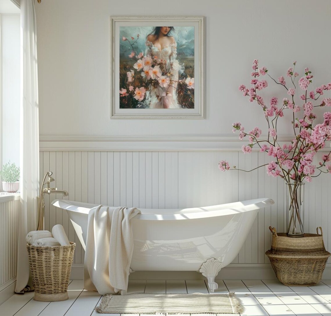 Woman in Flowing White Dress Among Pink Cosmos Blossoms Poster - Image 2