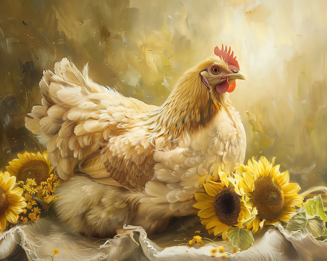 Chicken Wall Art Cottagecore Rooster Sunflower Painting Chicken And Sunflower Oil Painting Chicken Farm Decor Farmhouse - Image 2