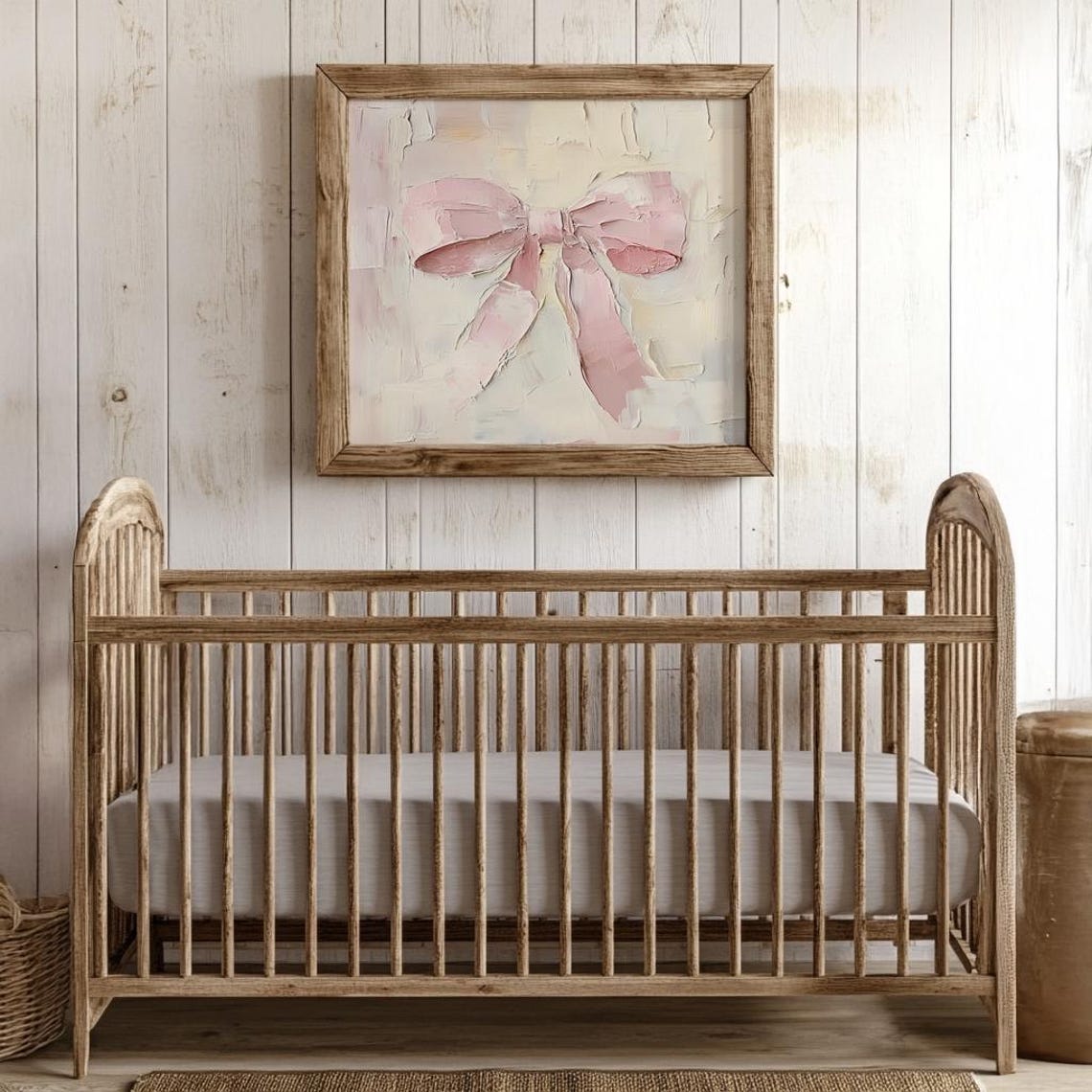 Blush Pink Ribbon Bow Textured Oil Painting Nursery Wall Art - Image 3