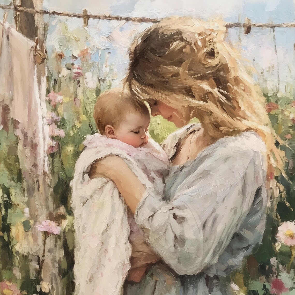 Mother Kissing Baby in a Cottage Garden by a Laundry Line Poster - Image 3