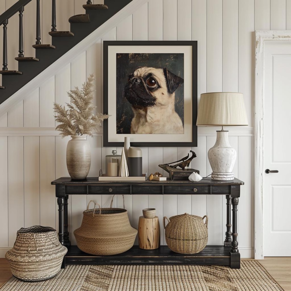 Pug Dog Portrait Gazing Upward Vintage Oil Painting Art Poster - Image 2