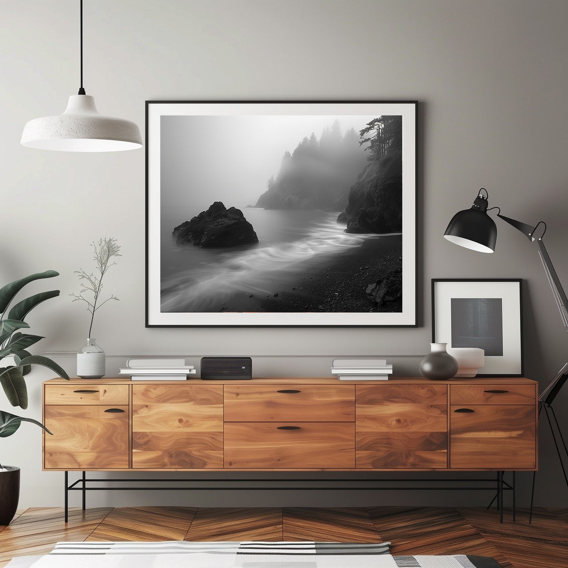 Foggy Black And White Rocky Coastline Moody Ocean Art Poster - Image 2
