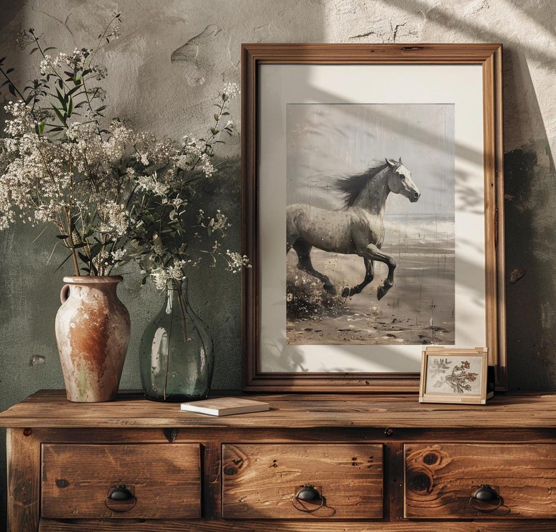 Dapple Grey Horse Galloping On Beach Muted Vintage Painting Poster - Image 3
