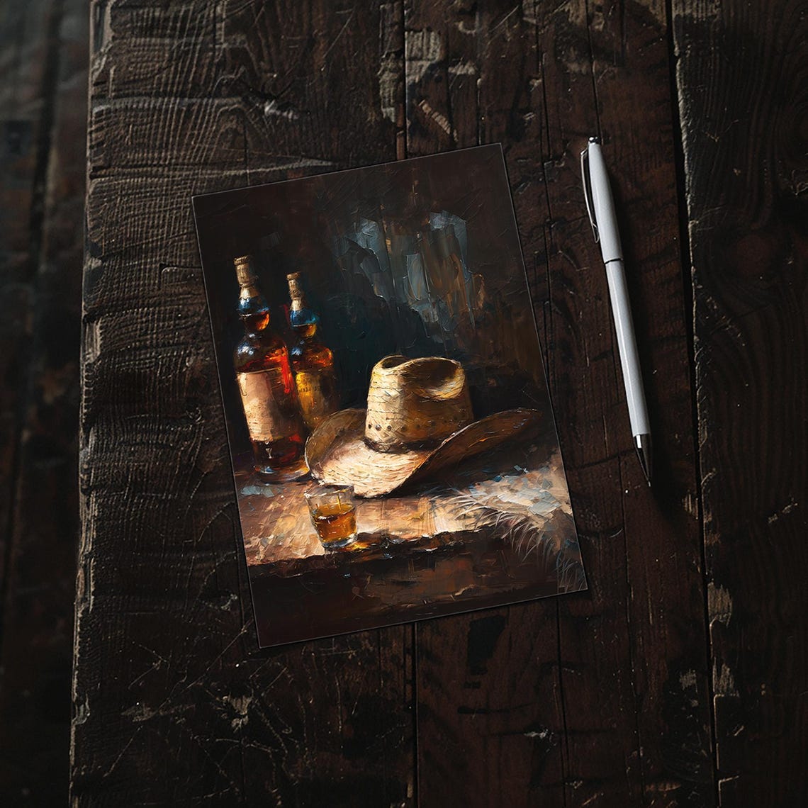 Cowboy Hat And Whiskey Bottles On Table Dark Western Still Poster - Image 3