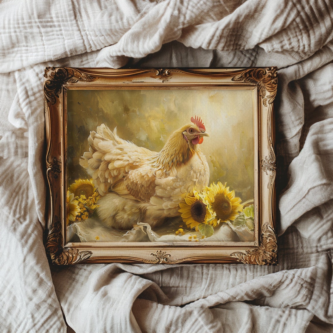 Chicken Wall Art Cottagecore Rooster Sunflower Painting Chicken And Sunflower Oil Painting Chicken Farm Decor Farmhouse - Image 2