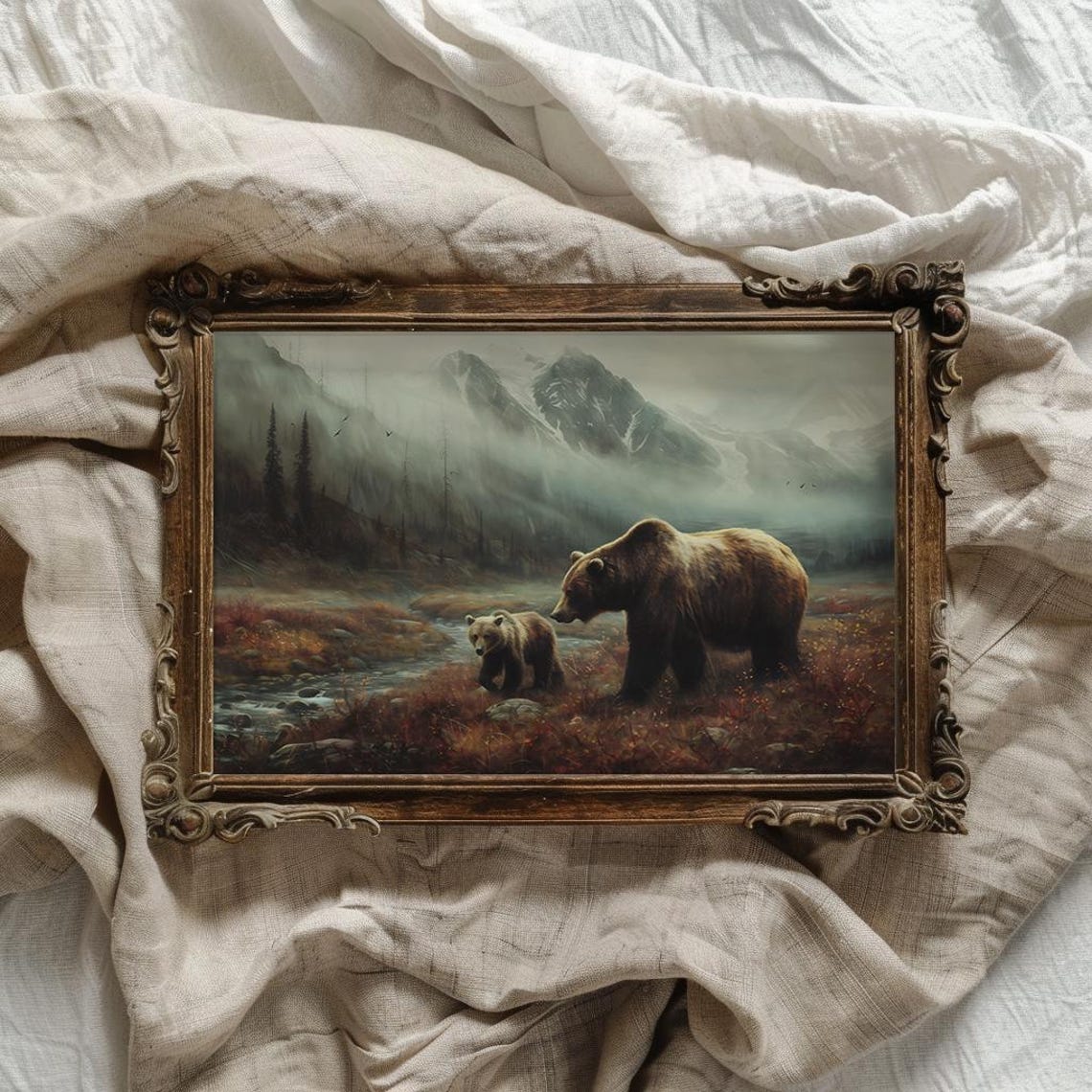 Mother Brown Bear and Cub in a Misty Mountain Valley Wilderness Poster - Image 3
