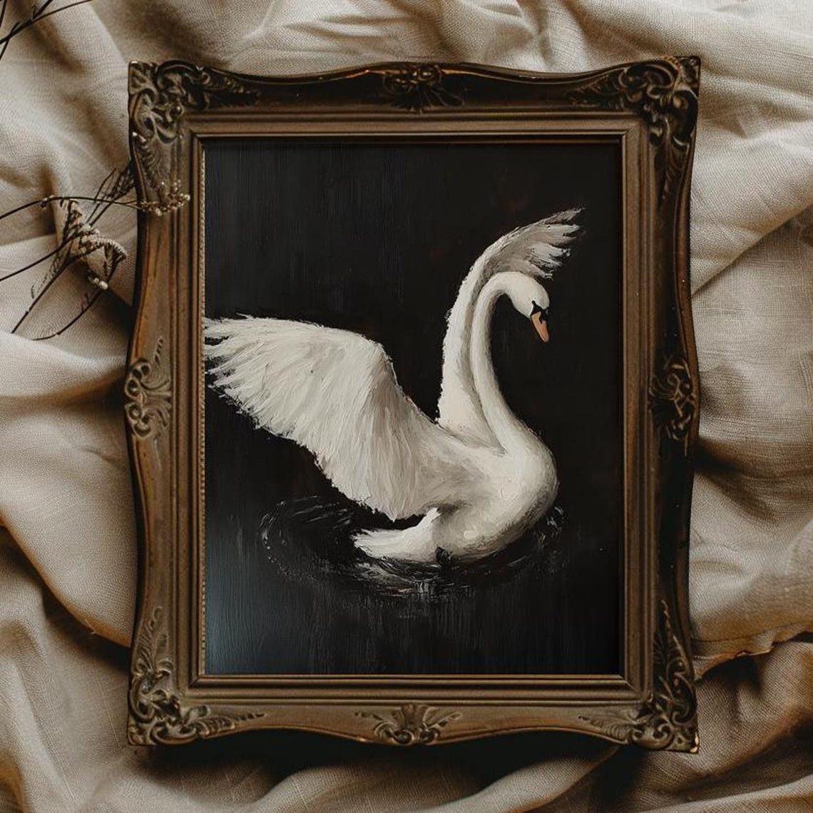 Elegant White Swan with Spread Wings on a Black Background Poster