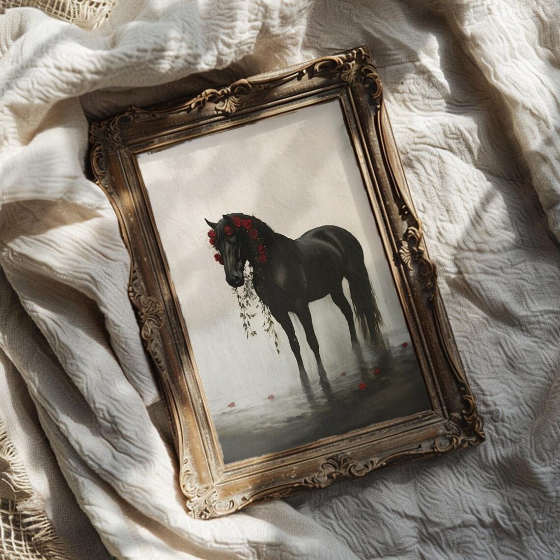 Black Horse Adorned With Red Roses Standing In Misty Water Poster - Image 4