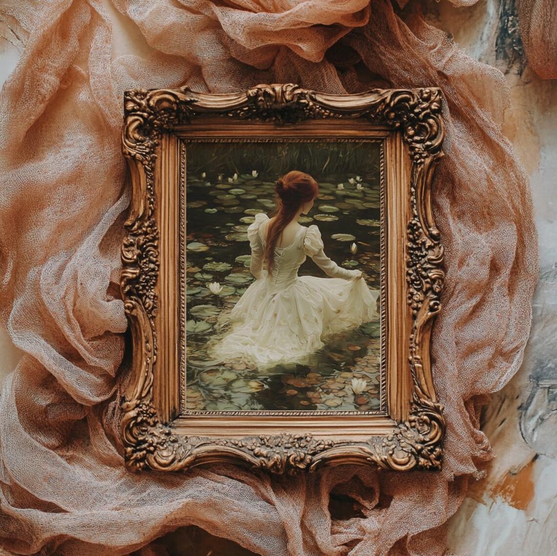 Red Haired Lady In White Gown Among Water Lilies Vintage Poster - Image 2