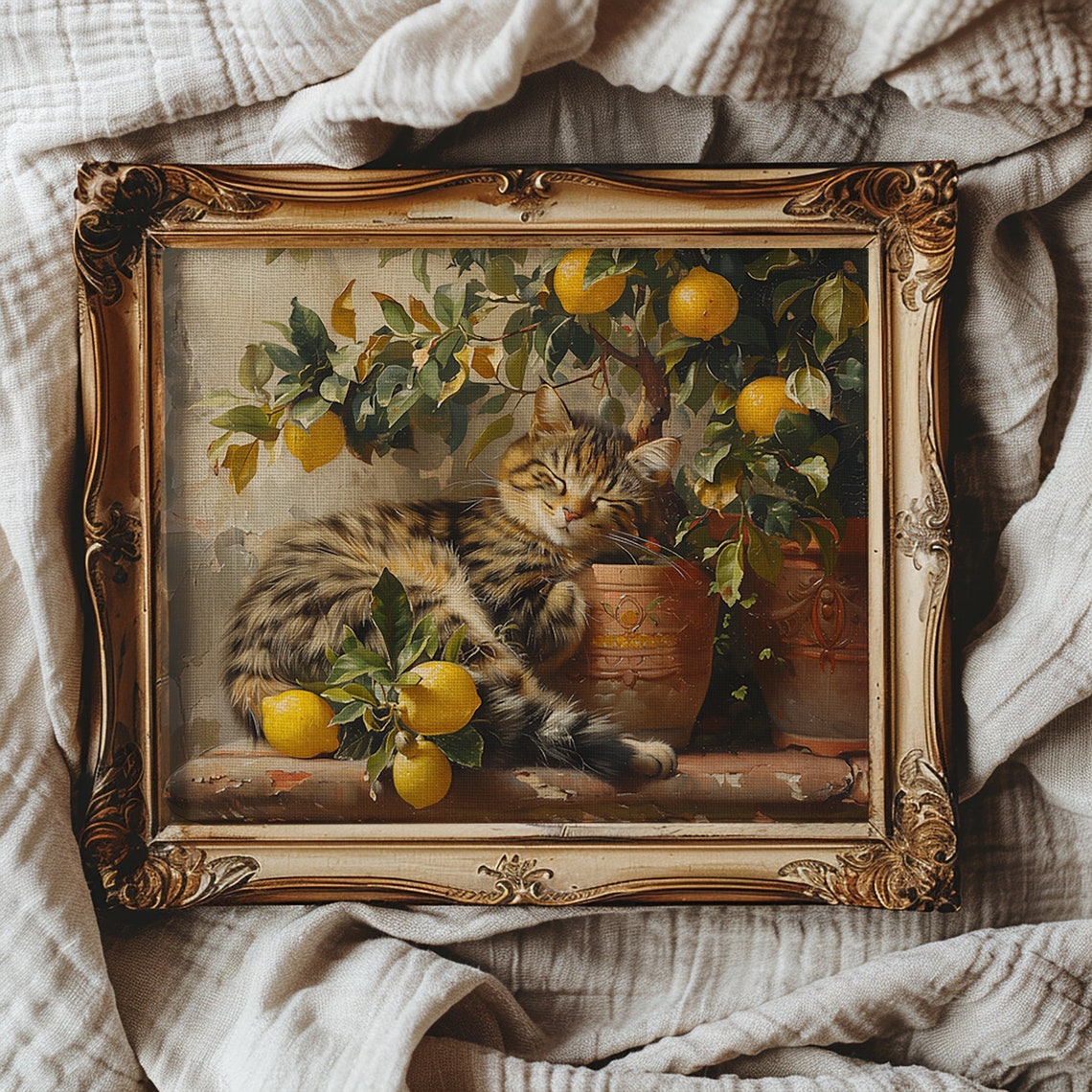 Sweet Sleeping Tabby Cat Curled Among Potted Lemon Trees Poster - Image 2