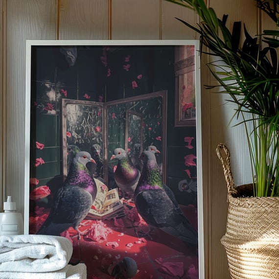 Pigeon Vanity Art Print Quirky Bird Bathroom Wall Decor Moody Surreal Animal Poster