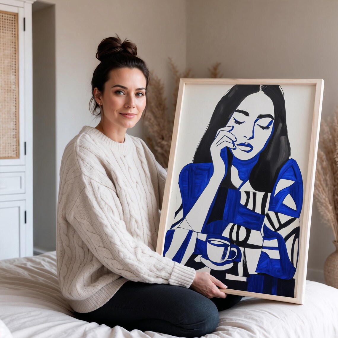 Woman With Coffee Cup in Cobalt Blue Modern Illustration Poster - Image 3