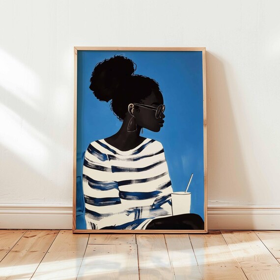 Woman In Striped Shirt With Drink Blue Background Art Feminine Minimalist Portrait Soft Wall