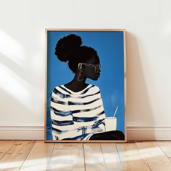 Woman in Striped Shirt With Drink on Vivid Blue Minimalist Poster