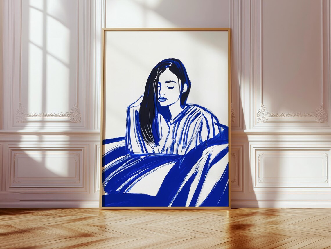 Serene Woman Portrait, Abstract Minimalist Bedroom Art