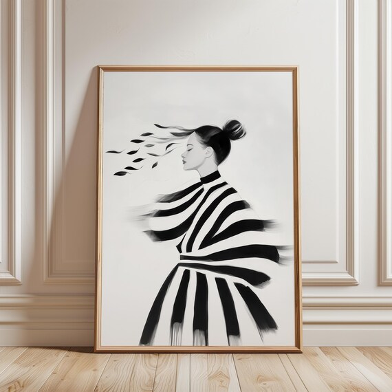 Elegant Woman With Windblown Hair In Striped Dress Art Poster