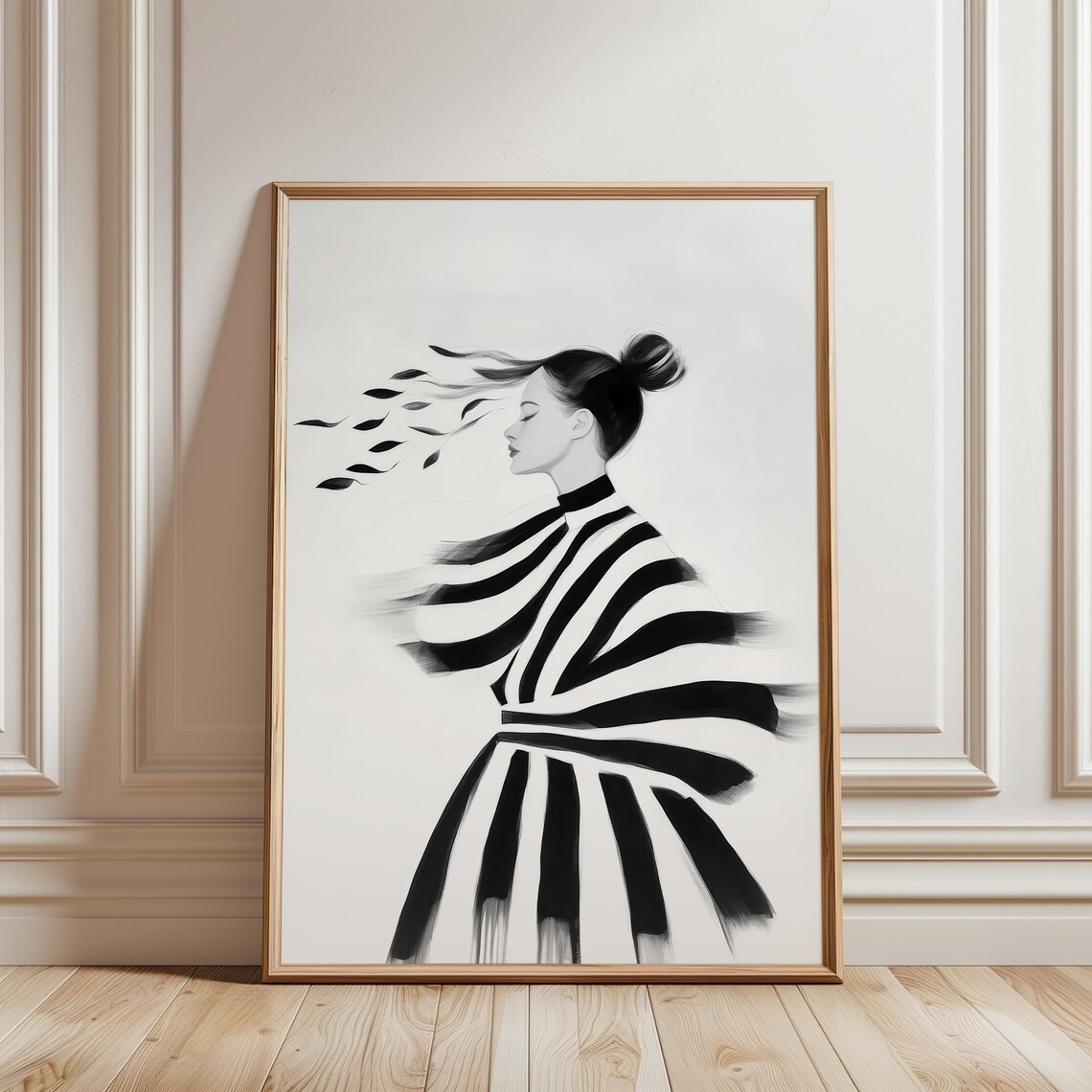 Elegant Woman With Windblown Hair In Striped Dress Art Poster