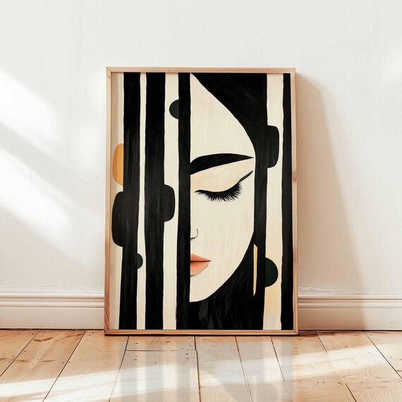 Abstract Portrait Of Woman With Closed Eyes Bold Stripes Modern Minimalist Wall Art Dot Patterned Feminine
