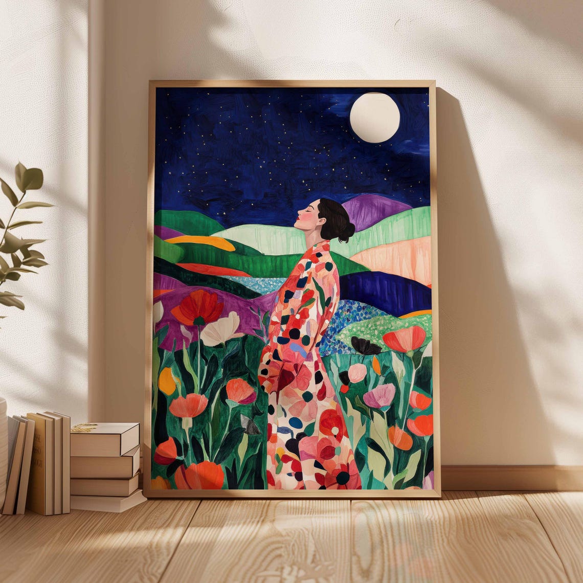 Woman in Blooming Flower Field Under Starry Moonlit Night Poster