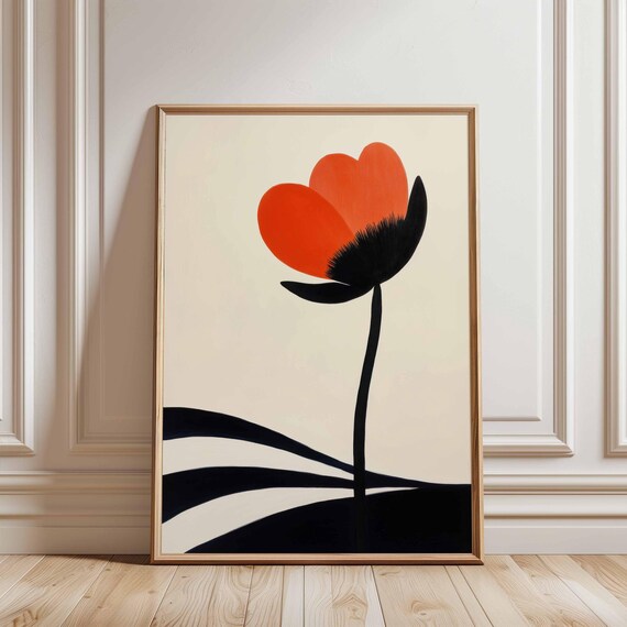 Minimalist Orange Flower Illustration Black White Print Striped Wall Art Bold Botanical Vibrant