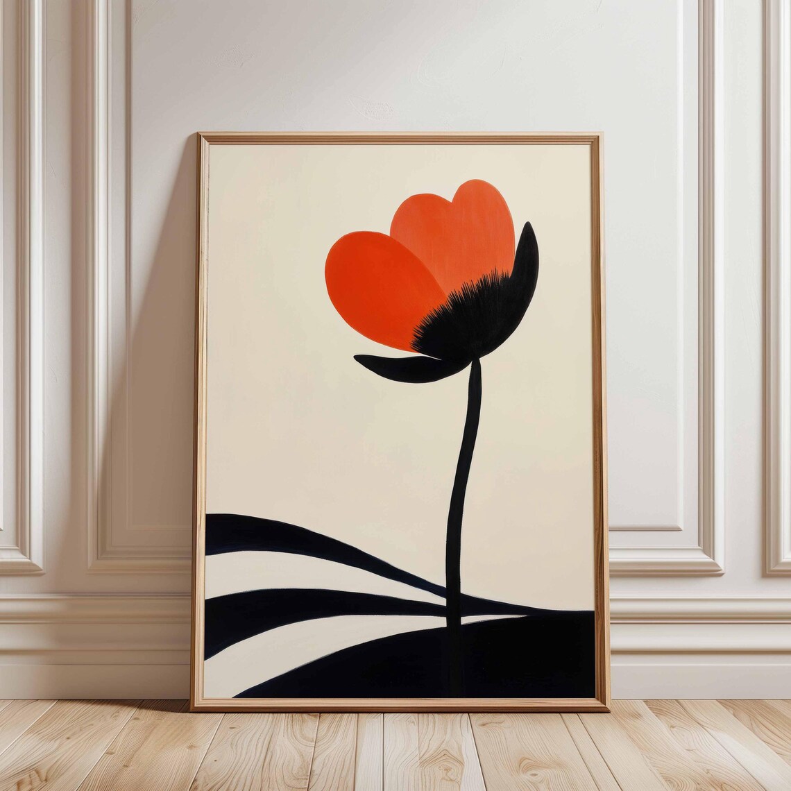 Minimalist Orange Flower Illustration Black White Print Striped Wall Art Bold Botanical Vibrant