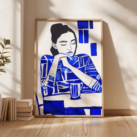 Serene Woman With Coffee Electric Blue Minimalist Print Thoughtful Modern Illustration Unique Wall Art