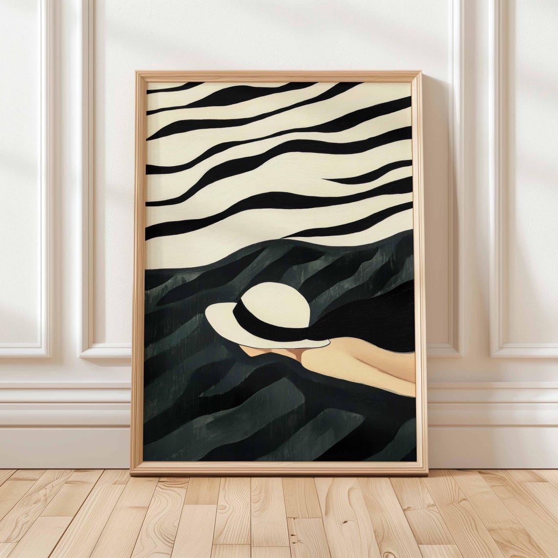 Minimalist Woman Swimmer White Sun Hat Black White Ocean Waves Print