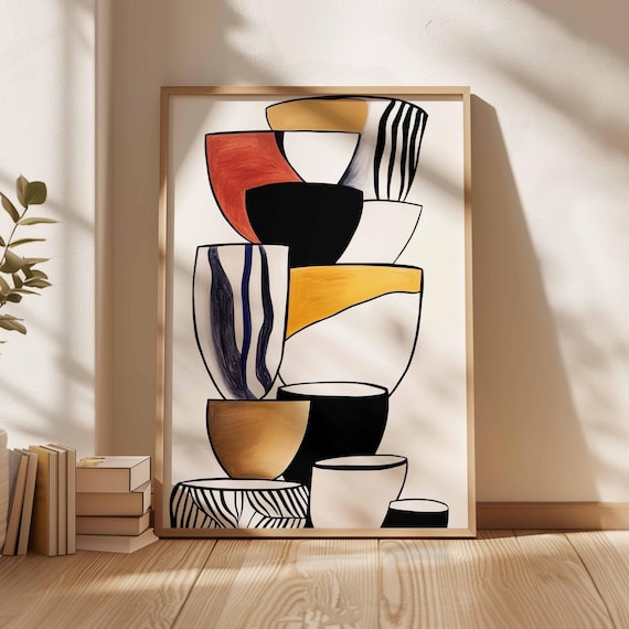 Stacked Minimalist Bowl Illustration, Modern Kitchen Art Print