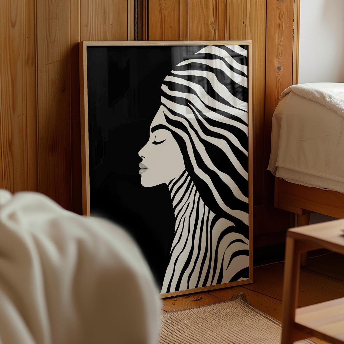 Minimalist Black And White Portrait Bold Zebra Inspired Woman Print Modern Monochrome Wall Art Striped - Image 2