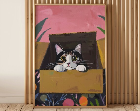 Wide Eyed Calico Kitten Peeking Out Of A Cardboard Box Cute Art Poster