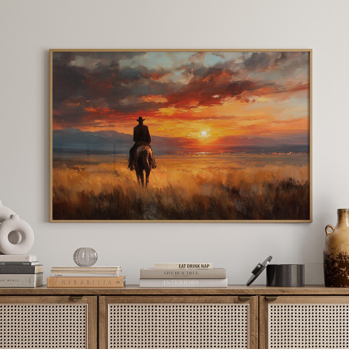 Cowboy Riding Fiery Sunset Golden Plains Oil Painting Poster