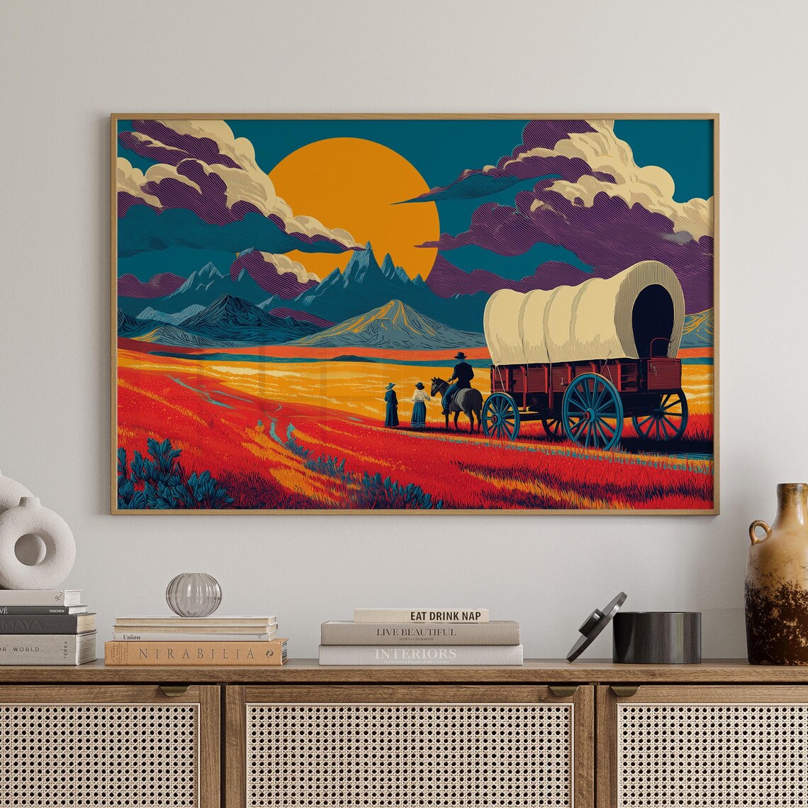 Covered Wagon Sunset Mountains Western Frontier Journey Colorful Wall Art