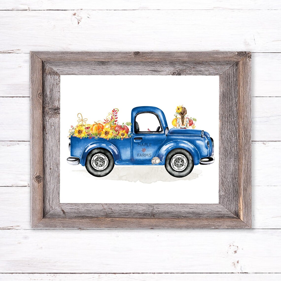 Vintage Blue Farm Truck Sunflowers Maple Farms Fall Harvest Print