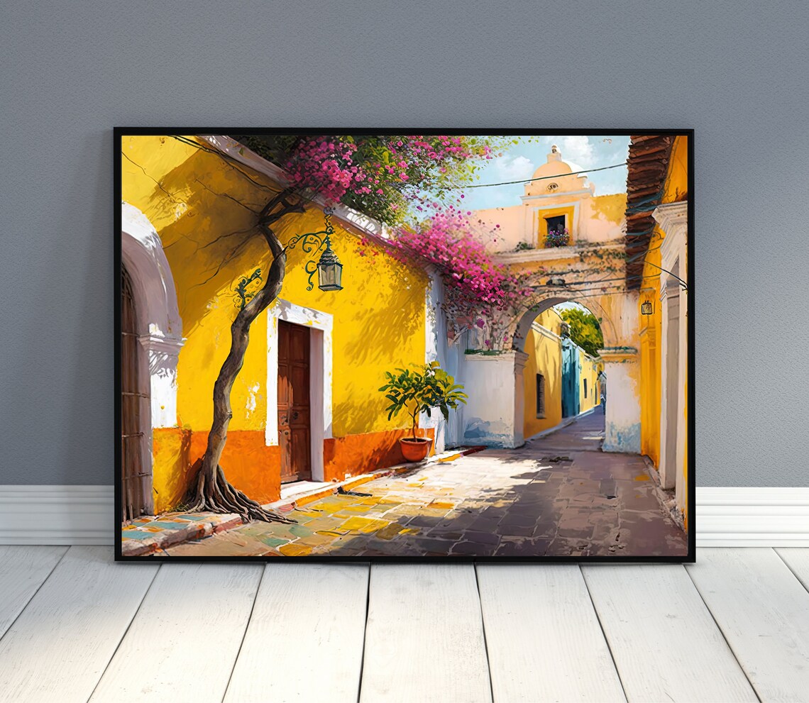 Sunlit Izamal Colonial Alley With Bougainvillea Arch and Church Poster - Image 2