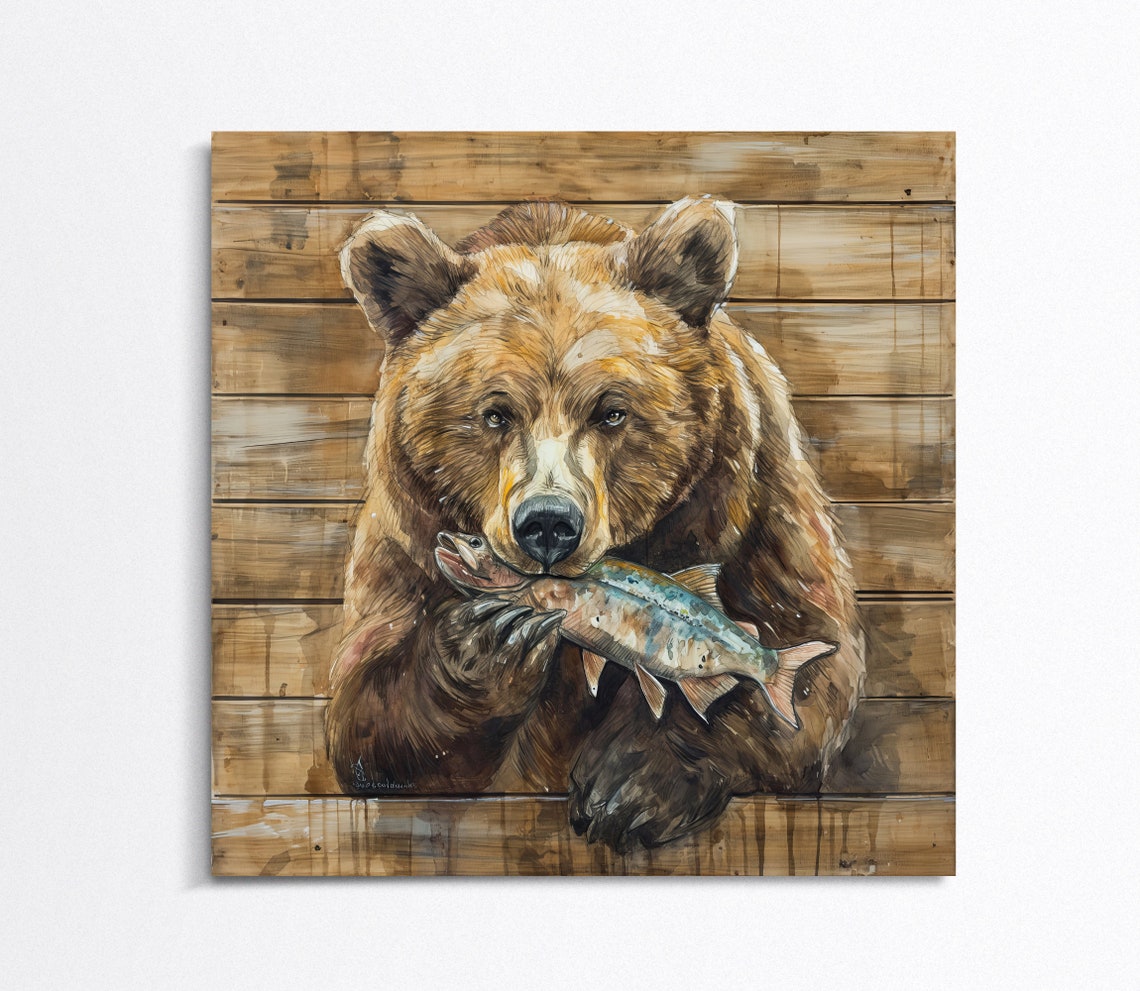 Brown Bear Holding A Fresh Fish Rustic Wood Plank Cabin Poster