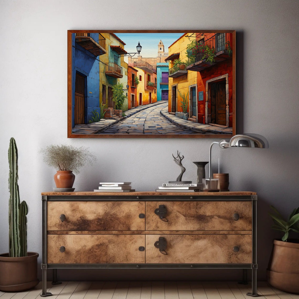 Sunlit Mexican Colonial Street with Bright Colorful Facades Poster - Image 2