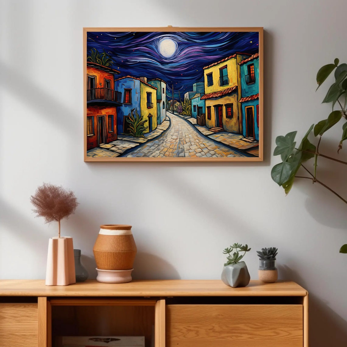 Van Gogh Style Mexican Street at Night with Radiant Full Moon Poster - Image 4