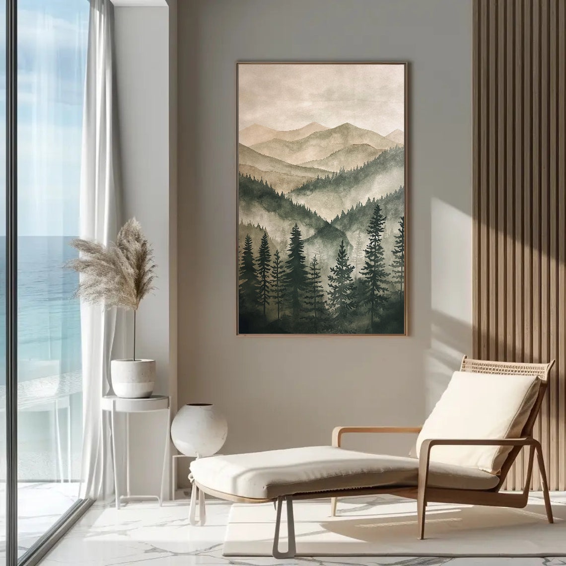 Green Mountains Pine Trees Watercolour Print Framed Wall Decor Mountain Forest Wall Art Poster Print Nature Wall Decor - Image 5