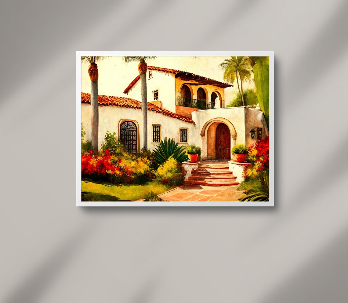 Mexican White Hacienda Red Tile Roof Palm Garden Tropical Art Poster - Image 3