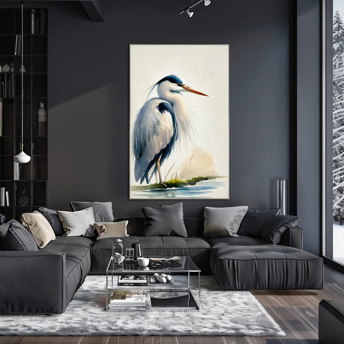 Graceful Grey Heron Watercolor Painting Elegant Coastal Bird Poster - Image 3