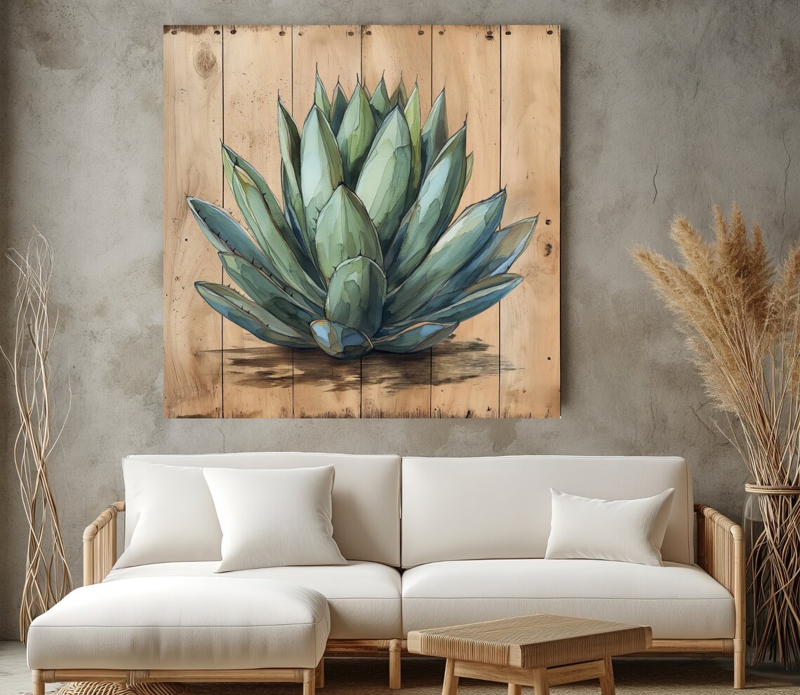 Blue Agave Succulent Watercolor Painting on Wood Plank Wall Poster - Image 5
