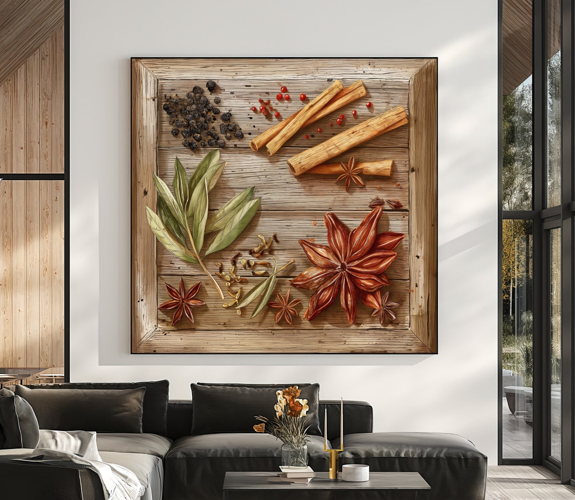 Whole Spices Star Anise Cinnamon On Rustic Wood Kitchen Wall Print - Image 2