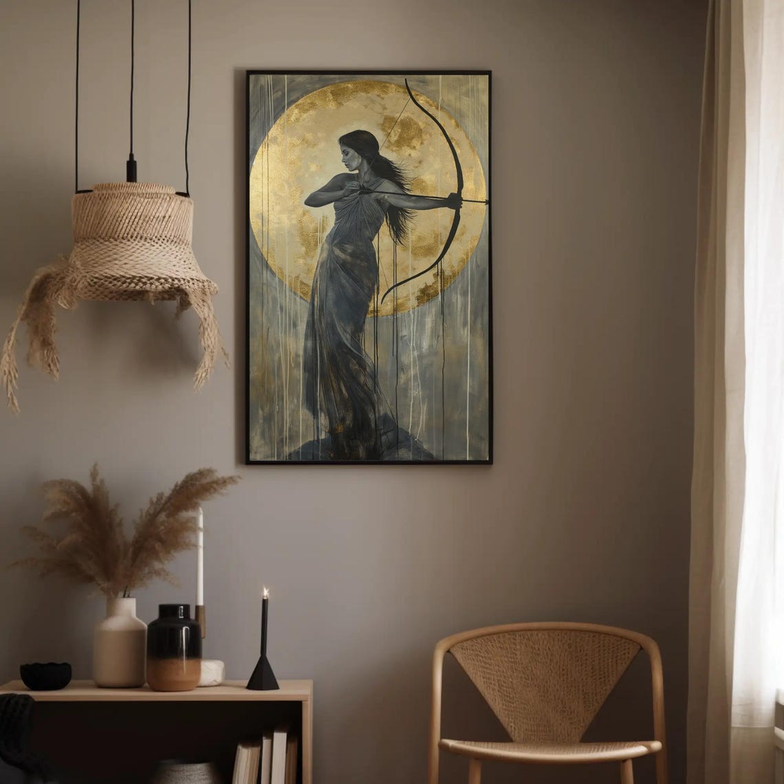 Artemis Drawing Her Bow Before A Glowing Golden Moon Art Poster - Image 5