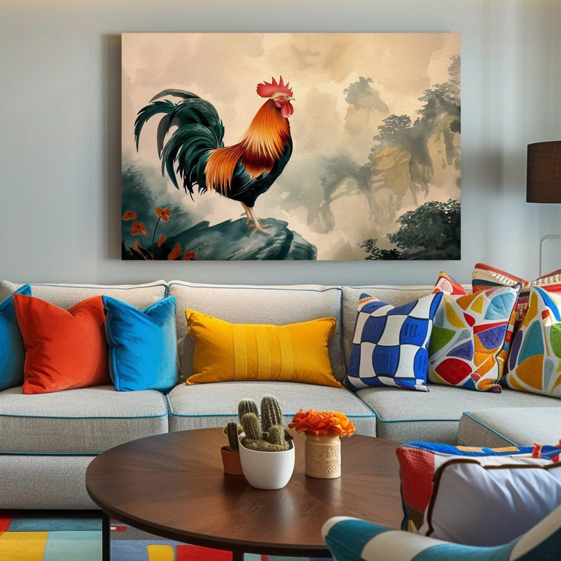 Vibrant Rooster Standing On Rock Asian Watercolor Bird Art Poster - Image 4