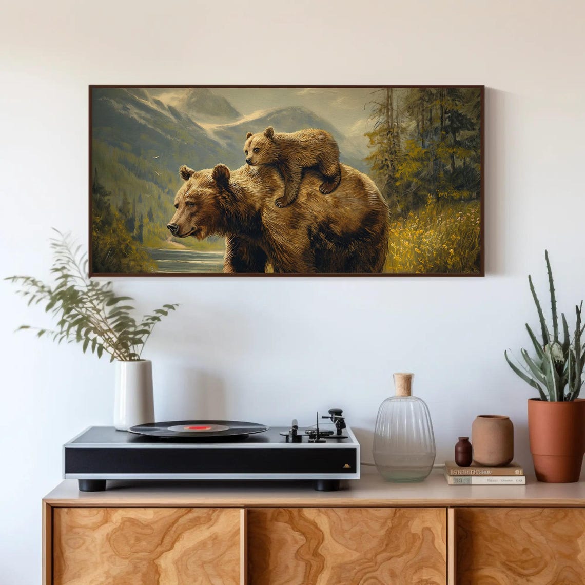 Mama Bear Cub Riding Piggyback River Wildlife Painting Poster - Image 3