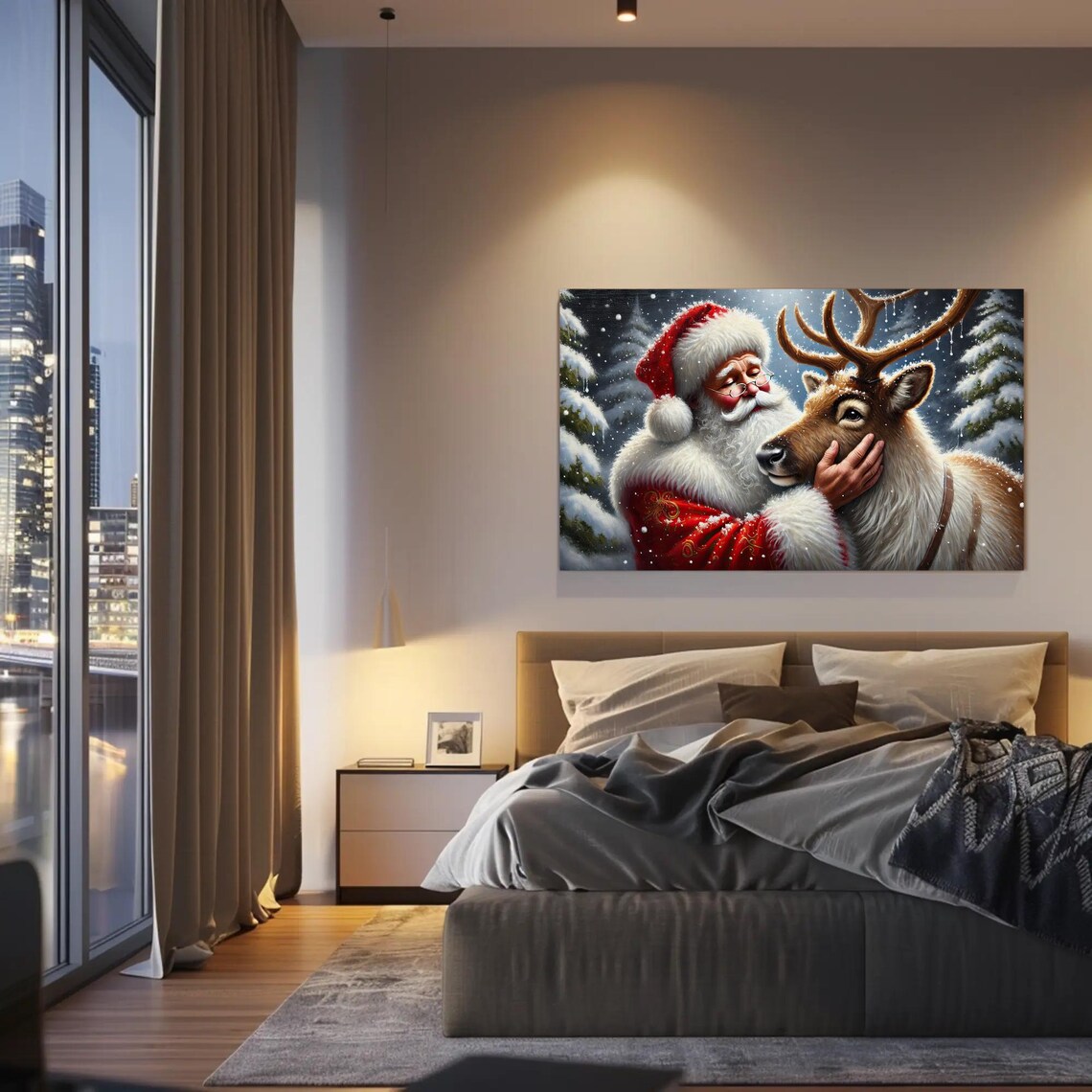 Santa Claus Hugging A Reindeer In The Snow Winter Night Poster - Image 2