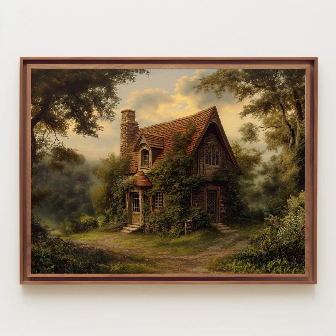 Victorian Stone Cottage in Forest at Sunset Vintage Art Poster - Image 5